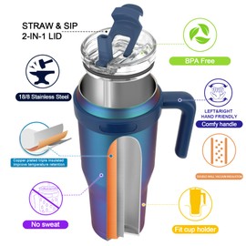 Zukro 50 oz Tumbler with Handle and Flip Straw, Leakproof Large Insulated Stainless Steel Cup with Sip/Straw 2-in-1 Lid Fit in Cupholder, No Sweat, Dishwasher Safe, Keeps Drinks Cold 30 Hrs, Black