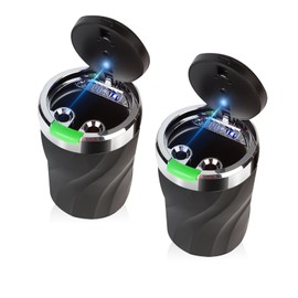Car Ashtray, Pack of 2 Car Ashtrays with Luminous Opening Button, Smokeless Ashtray with Lid, Portable Stainless Steel Ashtray with LED Light, for Cars Van