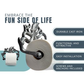 Decorative Cast Iron Octopus Toilet Paper Holder – Wall Mounted Nautical Bathroom Accessory – Kraken Design with Screws and Anchors – Silver & Black