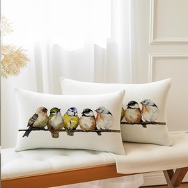 RABUSOFA Watercolor Birds Pillows Decorative Throw Pillows 12x20,Hand-Painted Oil Painting Rustic Birds Lumbar Pillow Cases,Cute Colorful Spring Decorations for Home Couch Sofa Outdoor