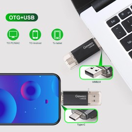 USB Stick 128 GB, 2 in 1 OTG Memory Stick 128 GB USB 2.0 Pen Drive Memory Stick Type C USB Stick 128 GB for Smartphones, Computer, Laptop, etc. (Black)