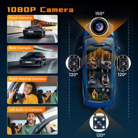 Hikity 4 Channel Dash Cam Car, 360 Degree Dashcam FHD 1080P x 4 Front Rear Inner Left and Right Loop Recording, DVR, G-sensor, Night Vision, Parking Monitoring, Backup Assistant with 64GB SD Card