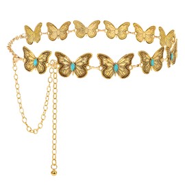 LEACOOLKEY Western Metal Concho Belt for Women Boho Chain Belt for Dresses Butterfly Gold Waist Chain