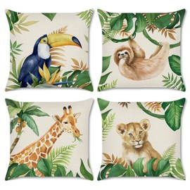 Bonhause Jungle Animals Cushion Covers 45 x 45 cm Lion Giraffe Sloth Toucan Tropical Outdoor Decorative Throw Pillow Covers Polyester Linen Pillowcases for Kids Baby Nursery Room Decor Set of 4