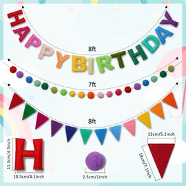 Pre-Strung 3D Happy Birthday Banner, 3 PCS Rainbow Happy Birthday Felt Garland, Pom Pom Pennant, Multicolor Triangle Flags Bunting, Reusable Birthday Party Decorations