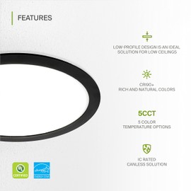ASD 1 Pack 12 Inch LED Recessed Lighting, 5 CCT 2700K-5000K CRI90+, 24W 90W Eqv IC Rated Ultra Thin Dimmable Ceiling Lights with J Box, Canless Wafer Downlight, Round Slim Panel Light, UL Listed Black