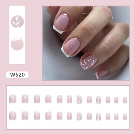 24Pcs Press on Nails Short Square Stick on Nails Glossy French Tip Fake Nails Full Cover False Nails Simple Artificial Glue on Nails for Women