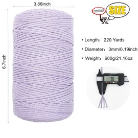 BYWORLD 3mm Cotton Rope, 220 Yards(200m) Twine String, 100% Natural Cotton Colored Macrame Rope for Plant Hangers, Wall Hanging, Christmas or Wedding Decorative (Purple)