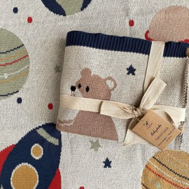 nidito Premium Organic Baby Blanket Beige Space / Organic Cotton Blanket Baby, 80 x 100 cm, 100% Organic Cotton, Universe, Wool Blanket Ideal as a First / Cuddly Blanket