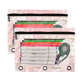 Kcldeci 3 Ring Binder Pouch, Tropical Worn Floral Pastel Pink Blue Gold R 2 Pack Binder Pencil Pouch with Clear Window Pencil Bags with Zipper Pencil Case for Binder