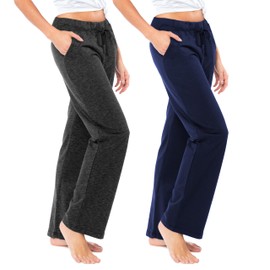Sexy Basics Women's 2 Pack Ultra Soft French Terry Cotton Drawstring Yoga Lounge Long Pants (2 Pack- Navy & Charcoal, X-Large)