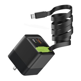Aeria ARberos PD65W Compatible with 3 Devices Simultaneously Charging, Visible LED Display, Built-In Retractable 31.5 inches (80 cm) Cable, AC Charger, Powerful, Travel, Business Trip, Laptop Switch,