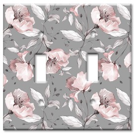 Art Plates 2-Gang Toggle OVERSIZED Switch Plate - OVER SIZE Decorative Metal Wall Plate - Gray and Pink Flower Toss - (Made in USA)