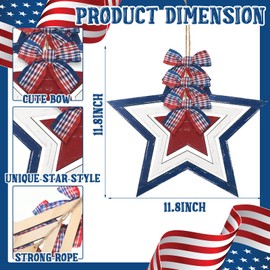 Panelee 4th of July Door Hanger Sign Patriotic Star Front Door Decor Memorial Day Wall Hanging Wood Sign Red White and Blue American Star Plaque with Plaid Bows for Independence Day Porch Window Decor
