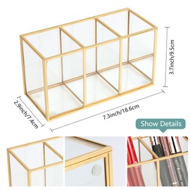 ELEGANTLIFE Clear Glass Makeup Brush Organizer,Luxurious Tempered Glass Cosmetics Brushes Storage Holder for Refined Bathroom Decor (Gold, 3 Sections)