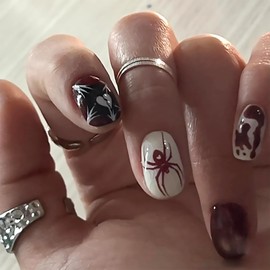 Short Press on Nails Coffin Shape Fake Nails,Glossy Solid Red Stick on Nails,Spider Heart Design False Nails with Glue on Nails,Reusable Full Cover Artificial Nails for Women DIY Manicure Decorations