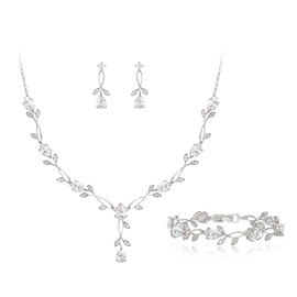 EVER FAITH Boda Juego de Joyería Para Mujer, Cristal Zirconia Cúbica Hojas Dobles de gotas de agua Collar Arete Set para Novia Regalo para cumpleaños/Día de la Madre/Navidad Brillante Tono Plateado