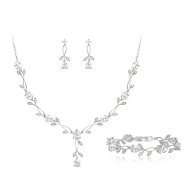 EVER FAITH Boda Juego de Joyería Para Mujer, Cristal Zirconia Cúbica Hojas Dobles de gotas de agua Collar Arete Set para Novia Regalo para cumpleaños/Día de la Madre/Navidad Brillante Tono Plateado