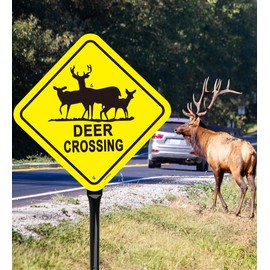 2Pack Deer Crossing Sign with 54-Inch Heavy-Duty Metal Stakes Posts, 12x12 Inch Reflective Aluminum Animal Crossing Warning Signs, Rust-Free Aluminum for Outdoor Use