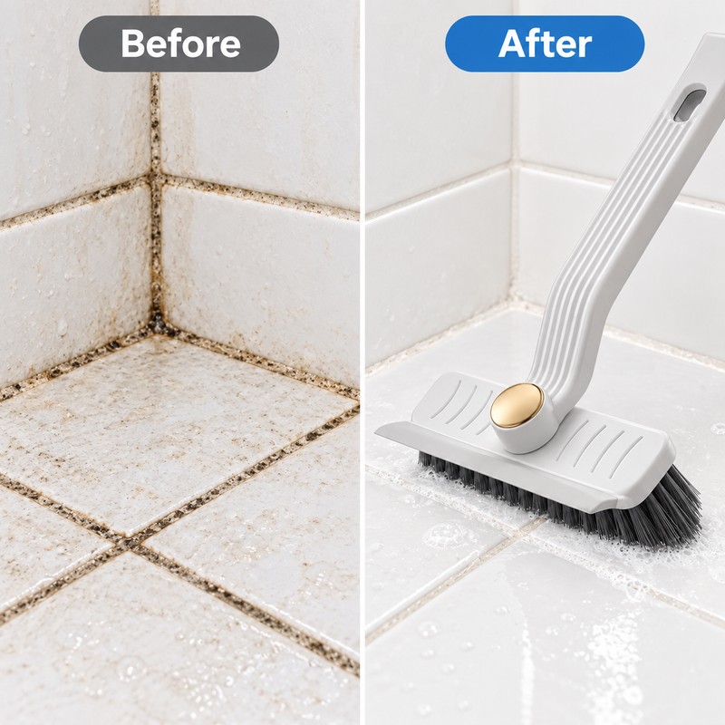 360° Rotating Grout Cleaning Brush with Scraper – Hard Bristle