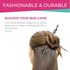 Hawwwy 6.8'' Multicolor Set of 3 Snake Hair Sticks - Elegant Snake Design with Rhinestone Detailing - Quick & Easy to do Hairstyles - Versatile & Durable Hair Accessory for Women and Girls, tictac