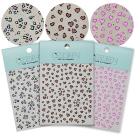CESTSIREN Colorful Heart Leopard Print Nail Art Stickers, Thin Nail Decals, Self-Adhesive, Nail Accessories for Women, Nail Decorations 3 Sheets