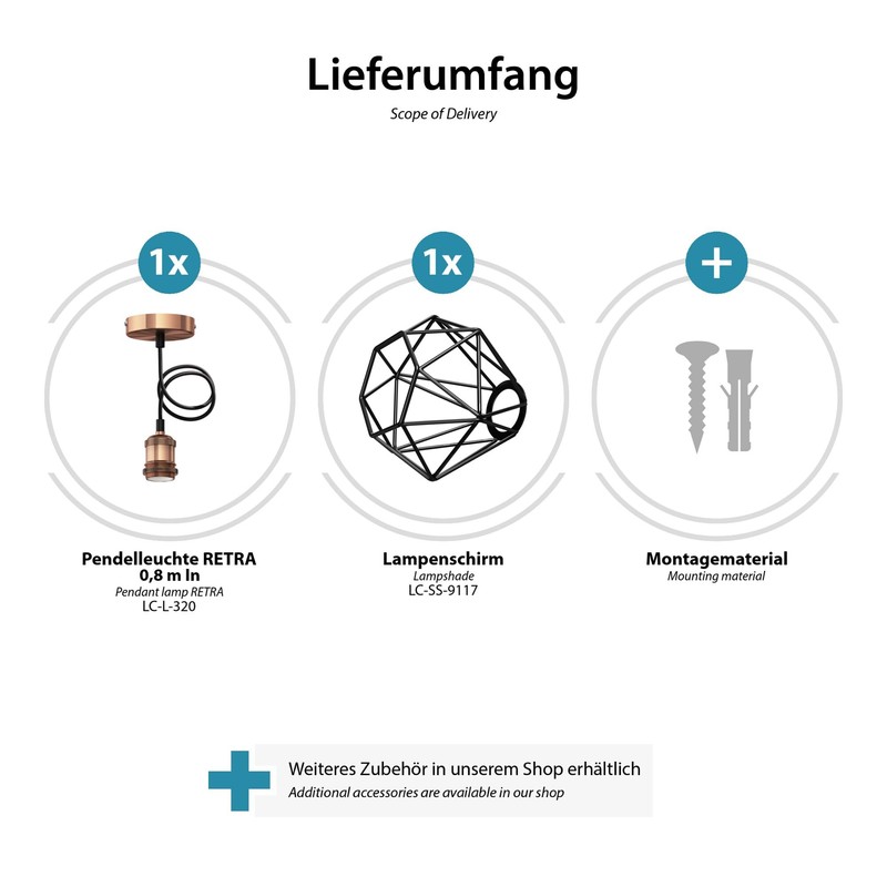 ledscom.de Vintage Retro Pendant Light, Bronze, E27 Socket, Cage Shade