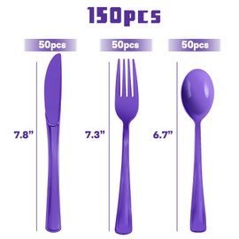 150 Pcs Purple Plastic Silverware Heavy Duty Purple Plastic Cutlery Sets Includes 50 Forks, 50 Spoons, 50 Knives Disposable for Birthday, Graduation Party, Dinner