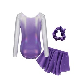 Girls Shiny Rhinestone Gymnastics Leotard Dance Sports Outfit Sparkly Long Sleeve Athletic Unitard with Skirt Hairband Set Purple 5-6 Years