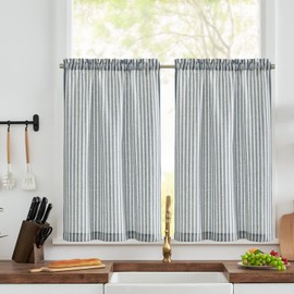 TOPICK Blue Striped Small Curtains 36 Inch Drop Linen Kitchen Curtains Translucent Short Cafe Curtains Flax Light Filtering for Country Small Window Basement Sink Laundry Room Bathroom 2 Panels