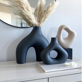 Kimisty Set of 2 Black Ceramic Vases: Abstract Design, Unique Shapes, Modern Nordic Decor