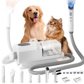Dog Grooming Vacuum and Dryer,2.2L Pet Grooming Vacuum Kit with 8 Tools, Low Noise Adjustable Speed and Temperature Control Blower