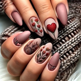 CJDLTS Press on Nails Medium Almond False Nail Red Love Heart Flower Pattern Design Full Cover Artificial Acrylic Nails Press Ons Fingernails 24Pcs Glossy Reusable Stick on Nail for Women