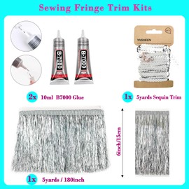 Yhsheen Silver Tinsel Fringe Trim,5Yards X 5.9 Inch Metallic Fringe Trim with B7000 Glue for Karma Jacket Costume Crafts Sparkly foil Wedding Birthday Party Decoration