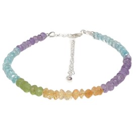 Aquamarine, Citrine, Amethyst & Peridot 4 mm Rondelle Shape Faceted Cut Gemstone Beads Adjustable Stacking Bracelet with 925 Sterling Silver Plated Lock Clasp Bracelet, Stone Sterling Silver Metal,