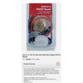 Ace Repair Kit Price Pfister Shower Diverters 61-4, 9H-3-4, 10I-10-11, 12H-4-5-18