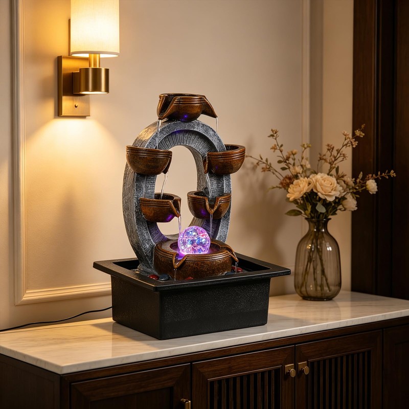 Desktop Water Fountain Indoor:6 Tier Cascading Waterfall with Spinning Orb