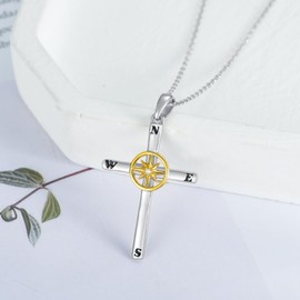 Rikelus Natural Diamond Cross Compass Necklace for Girls Women Her, S925 Sterling Silver Pendant Jewelry Gift Birthday Anniversary 18+2 Inch