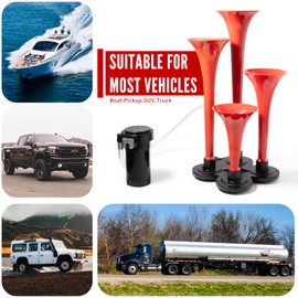 FARBIN Train Horn Air Horn 12V Truck Horn 150DB 4 Trumpet Horns Loud Train Horns for Truck with Compressor for Vehicle Trucks Cars Pickups Jeep SUV Boats Red (Red,with Air pump)
