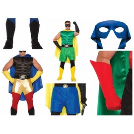 shoperama Accessories for Superhero Men's Costume Mask Muscle Shirt Shorts Cape Arm Warmers Leg Warmers Colour and Type Can Be Combined
