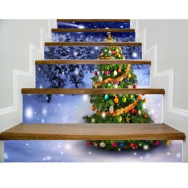 zhiyu&art decor 3D Christmas Tree Stair Stickers Decals-6Pcs/Set Christmas Tree Stair Risers Stickers Decals Removable Staircase Decals Vinyl Wall Stickers for Stair Steps Christmas Decoration