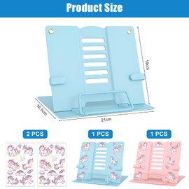 Pack of 2 Book Stands with Side Clip, Adjustable Bookend Children with 6 Adjustable Positions, Metal Book Holder Reading Stand for Textbooks, Document, Music Book, Speech Designs (Blue + Pink)