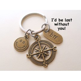Bronze Friend Charm Keychain with Compass Charm, Smiley Face Charm & Bff Charm, Good Friend Key Ring, Best Friend Keychain