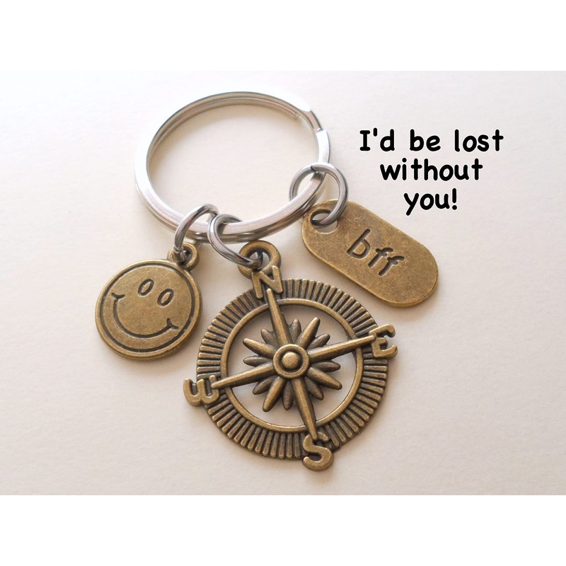 Bronze Friend Charm Keychain with Compass Charm, Smiley Face Charm