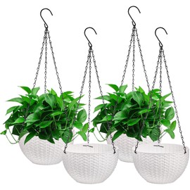 Foraineam 4 Pack 8.2 inch Self-Watering Hanging Planters, Garden Flower Plant Pot Container, Hanging Basket Planter with Drainer and Chain for Indoor Outdoor Use, White