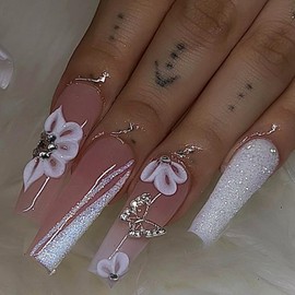 Glitter 3D Butterfly Rhinestones Fake Nails Square Press on Nails Extra Long Ballerina False Nails Design Glossy Solid Color Acrylic Nails for Women Reusable Stick on Nails with Glue on Nails