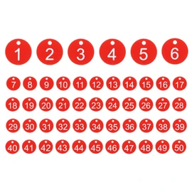 PATIKIL 50PCS Number Tags 1-50, Number Key Tags Plastic Numbered Keychain for Organizer Field Sales Hangers Clothes Labels ID, Red