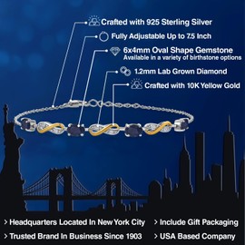 Gem Stone King - Pulsera de tenis de plata de ley 925 y oro amarillo de 10 quilates ovalada de zafiro azul y diamante blanco cultivado en laboratorio para mujer (2.27 quilates, totalmente ajustable