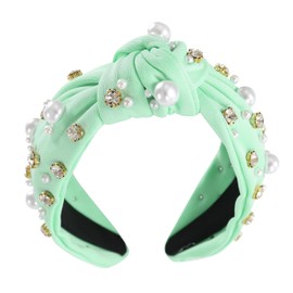 Gmmidea Pearl Knotted Women Headband Sparkle Rhinestone Jeweled Headband Wide Knot Crystal Embellished Hairband Fashion Women's Hair Accessories Mint Green