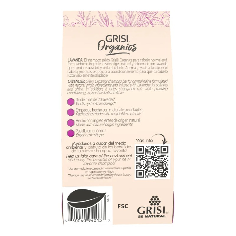 Grisi Organics, Shampoo Sólido Lavanda, 75 Gr